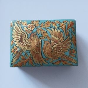 Folk Art Handmade Wood Working Match Holds Turquoise Gilt Birds